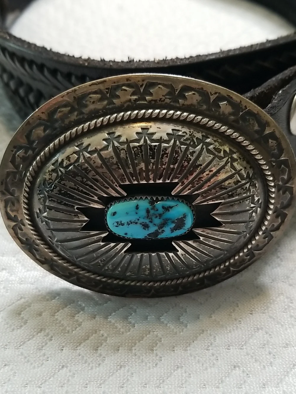 Navajo Sterling Silver Turquoise Shadowbox Belt Buckle Leather Belt